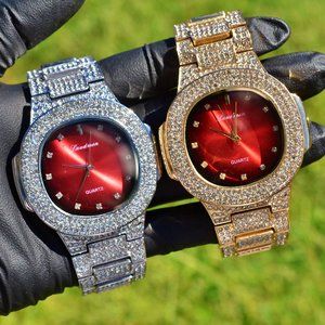 Full Iced Out Square White Gold PT Red Face Luxury Stylish Men's Metal Watch